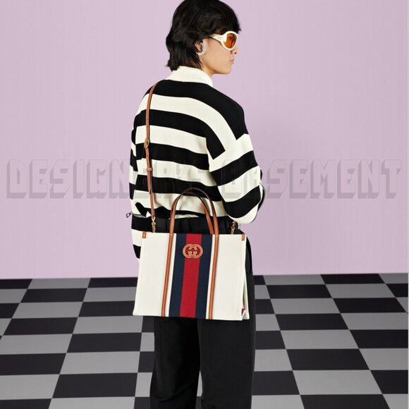 GUCCI white Canvas w/ cognac Leather Interlocking G WEB Medium Shopping Tote Bag - Picture 5 of 12